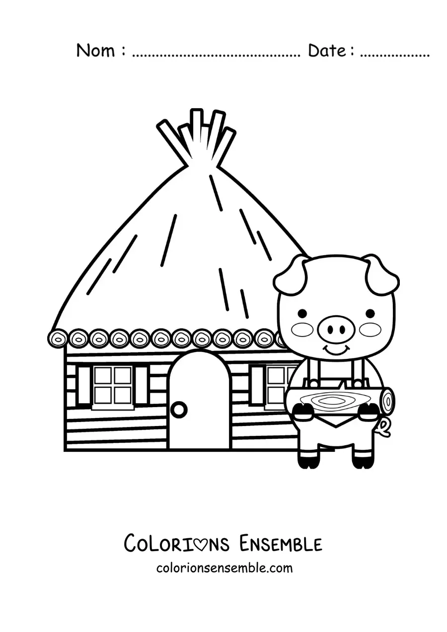 Image à colorier de l’un des trois petits cochons avec sa maison de bois