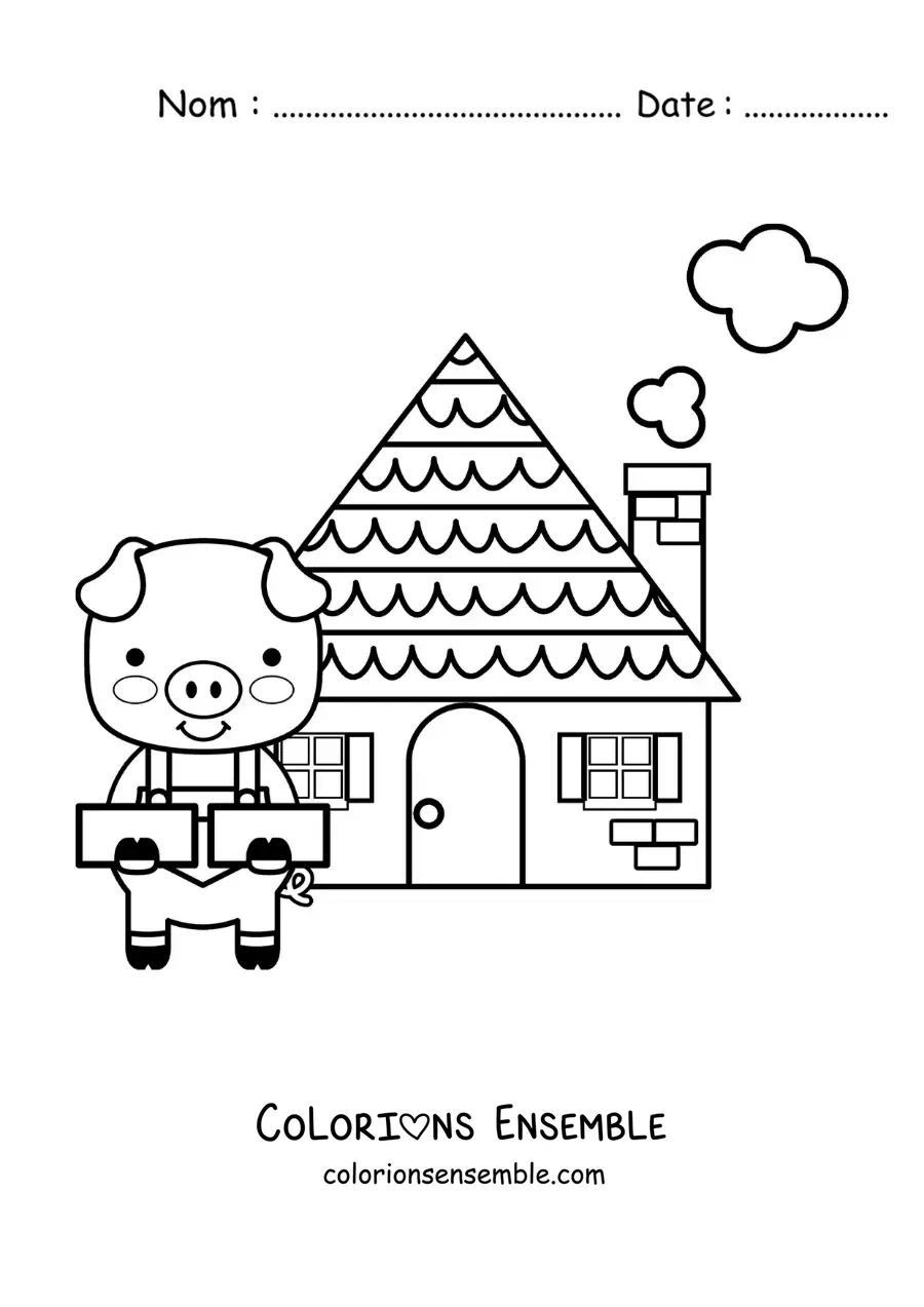 Image à colorier de l’un des trois petits cochons avec sa maison de briques