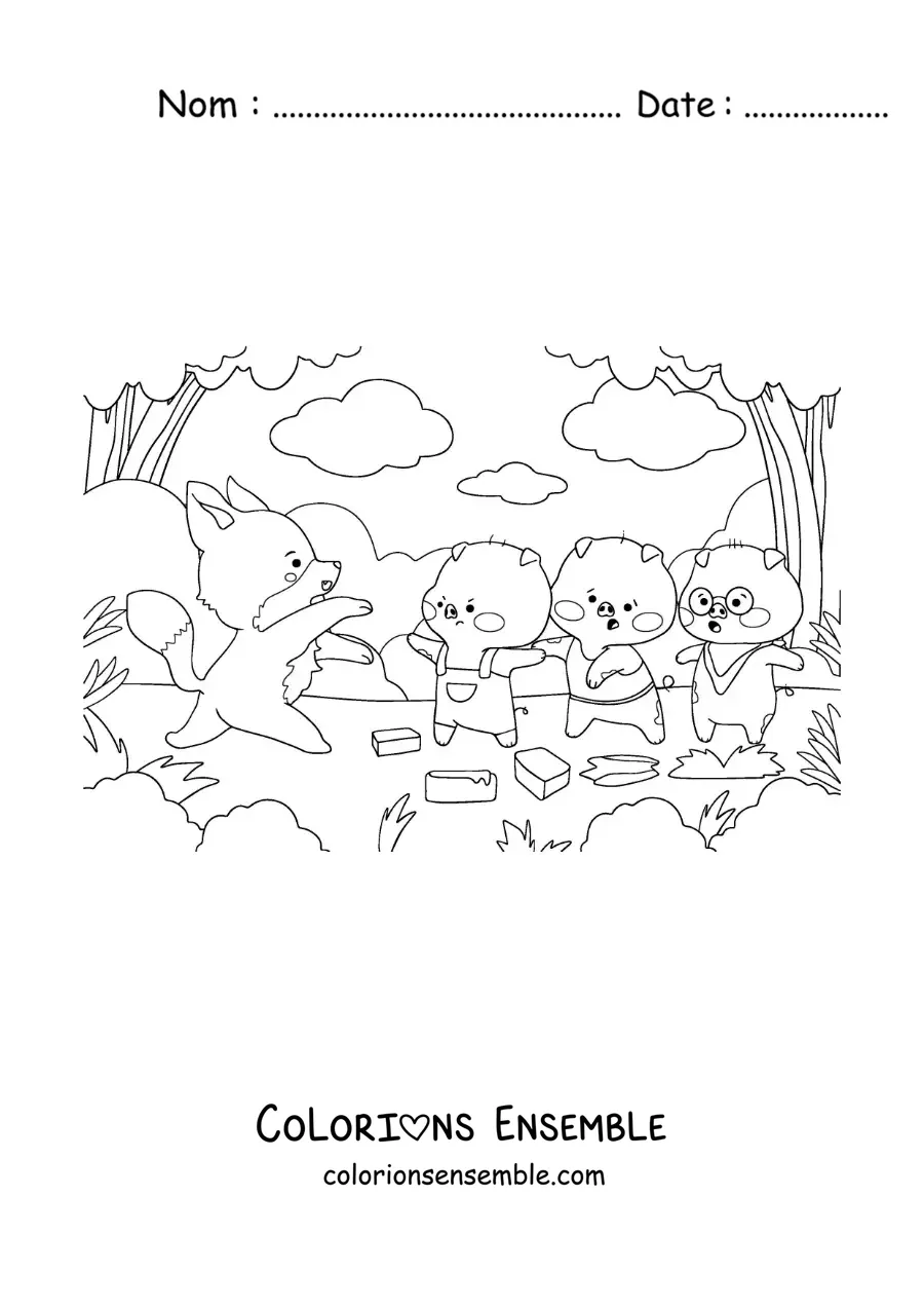Image à colorier des trois petits cochons qui fuient le loup