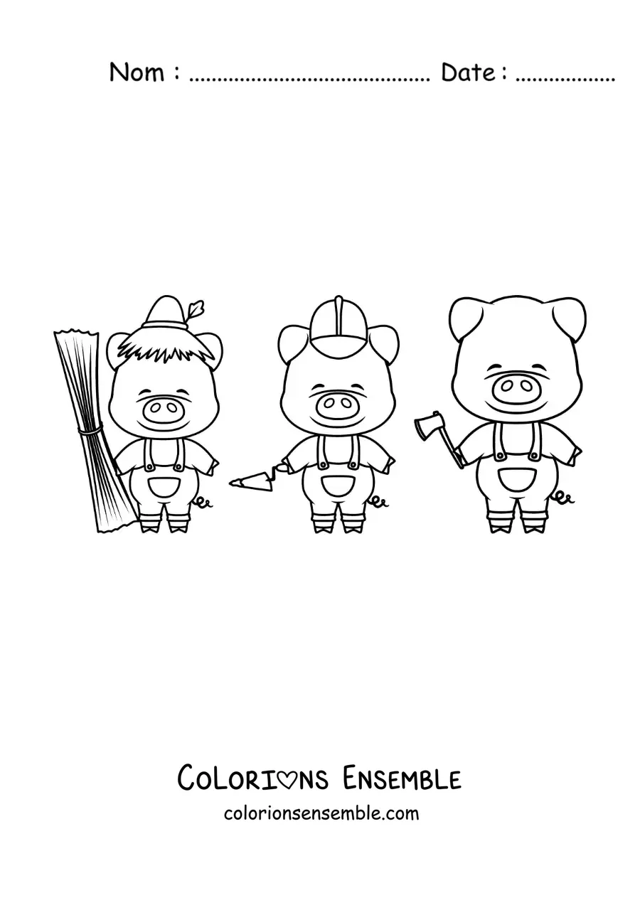 Image à colorier des trois petits cochons qui construisent leurs maisons