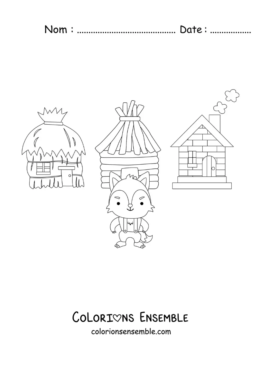 Image à colorier du grand méchant loup qui abat les maisons des trois petits cochons