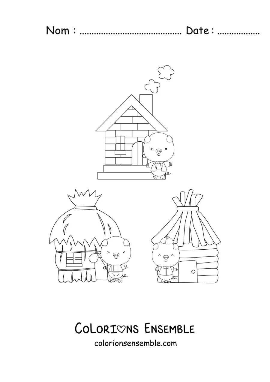 Image à colorier des trois petits cochons et leurs maisons