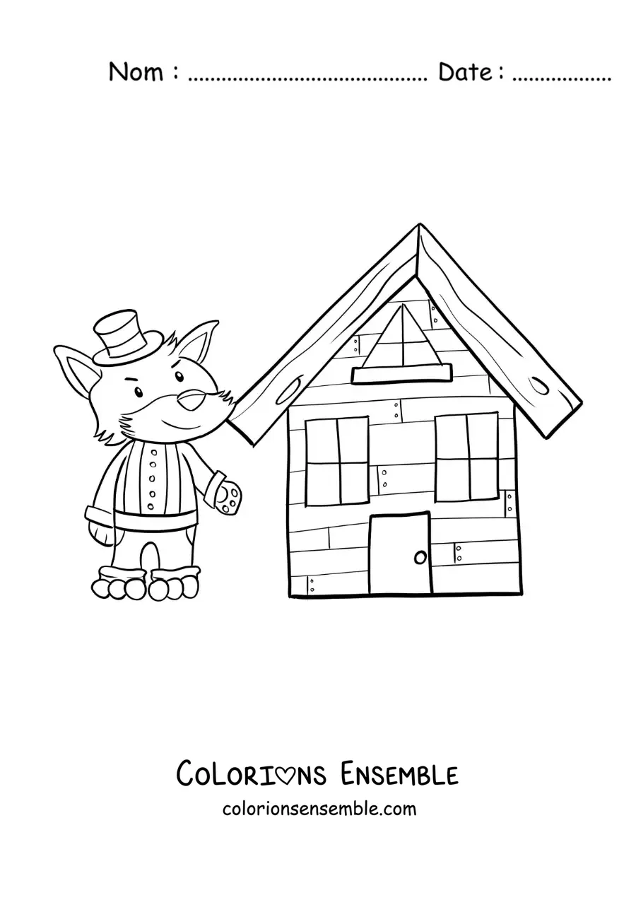 Image à colorier du grand méchant loup et de la maison en briques