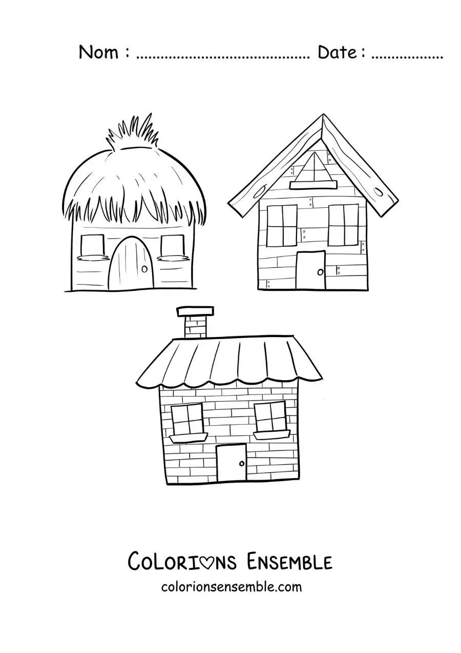 Image à colorier des maisons des trois petits cochons