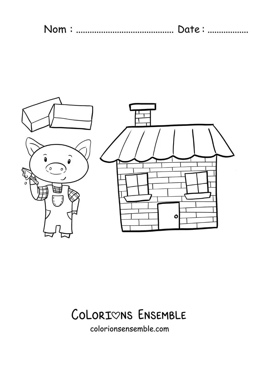 Image à colorier d'un des trois petits cochons qui construit sa maison en briques
