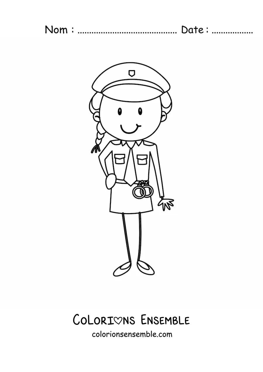 Image à colorier d’une femme policière avec une paire de menottes en dessin animé