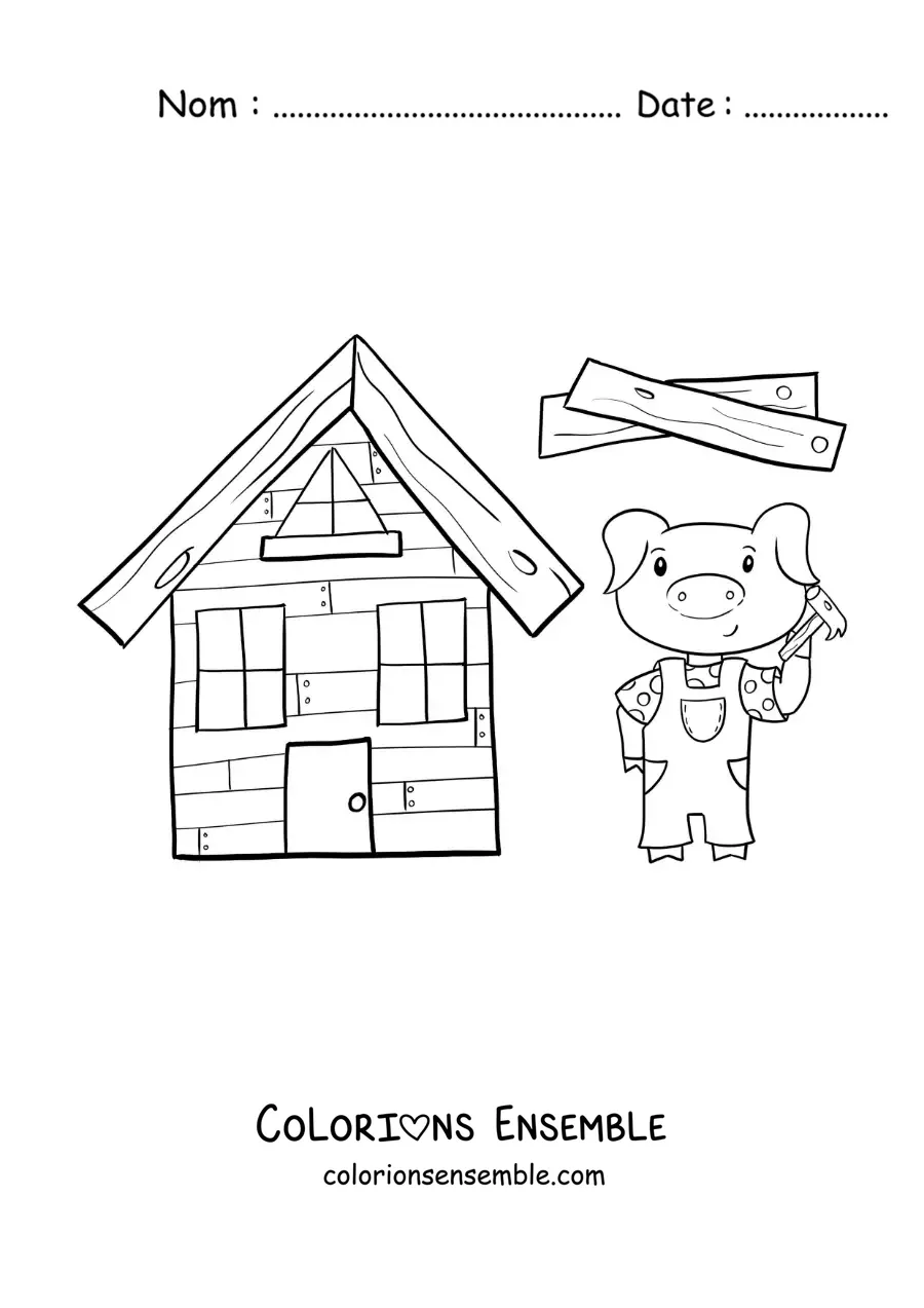 Image à colorier d'un des trois petits cochons qui construit sa maison en bois