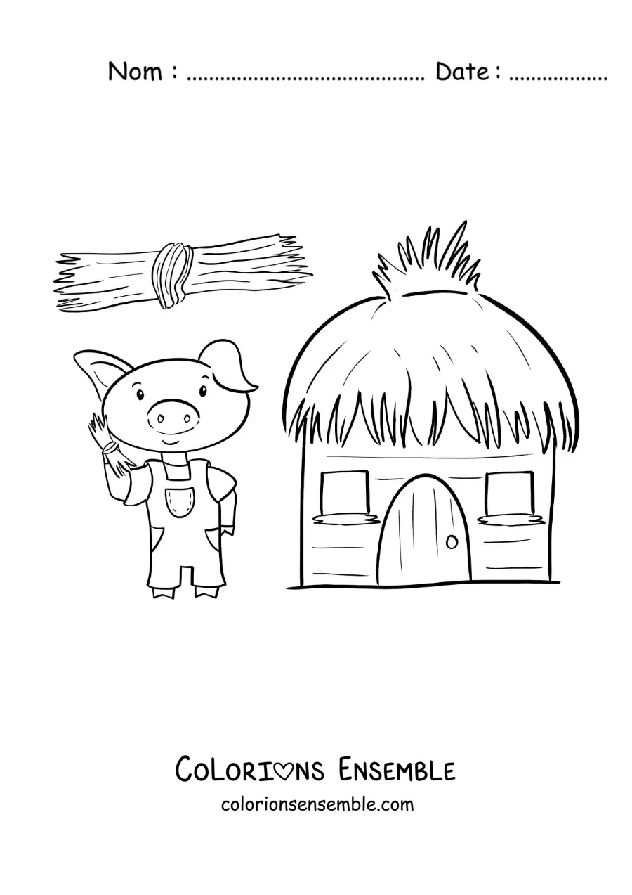 Image à colorier d'un des trois petits cochons qui construit sa maison en paille