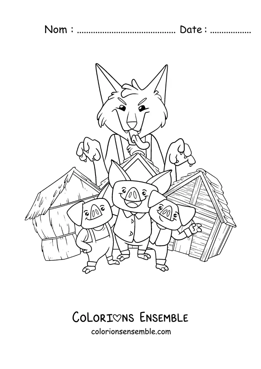 Image à colorier du grand méchant loup prêt à abattre les maisons des trois petits cochons