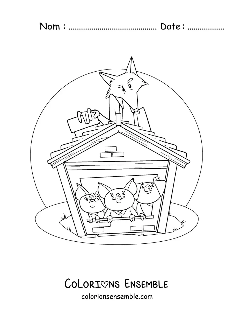 Image à colorier des trois petits cochons cachés du loup dans la maison en briques