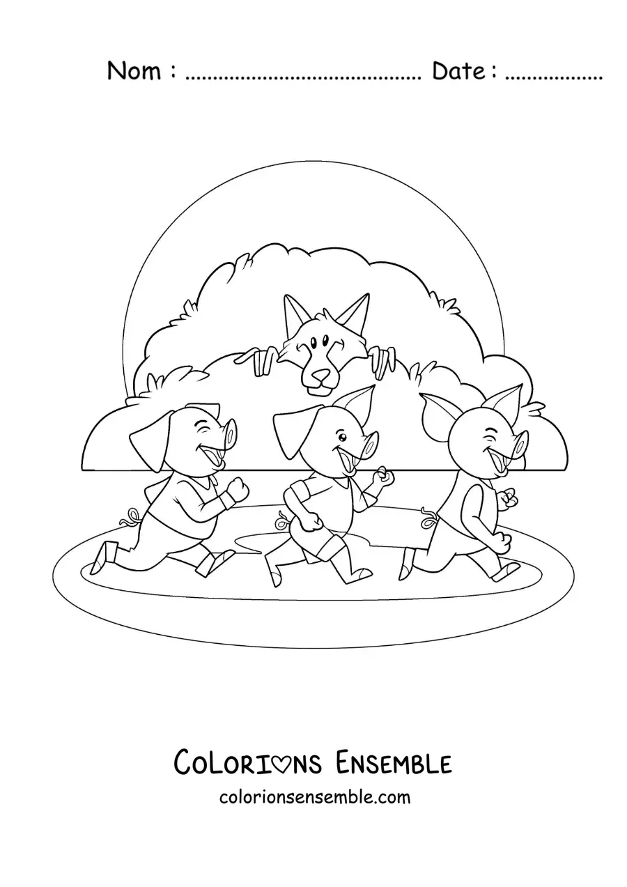 Image à colorier du grand méchant loup qui poursuit les trois petits cochons du conte