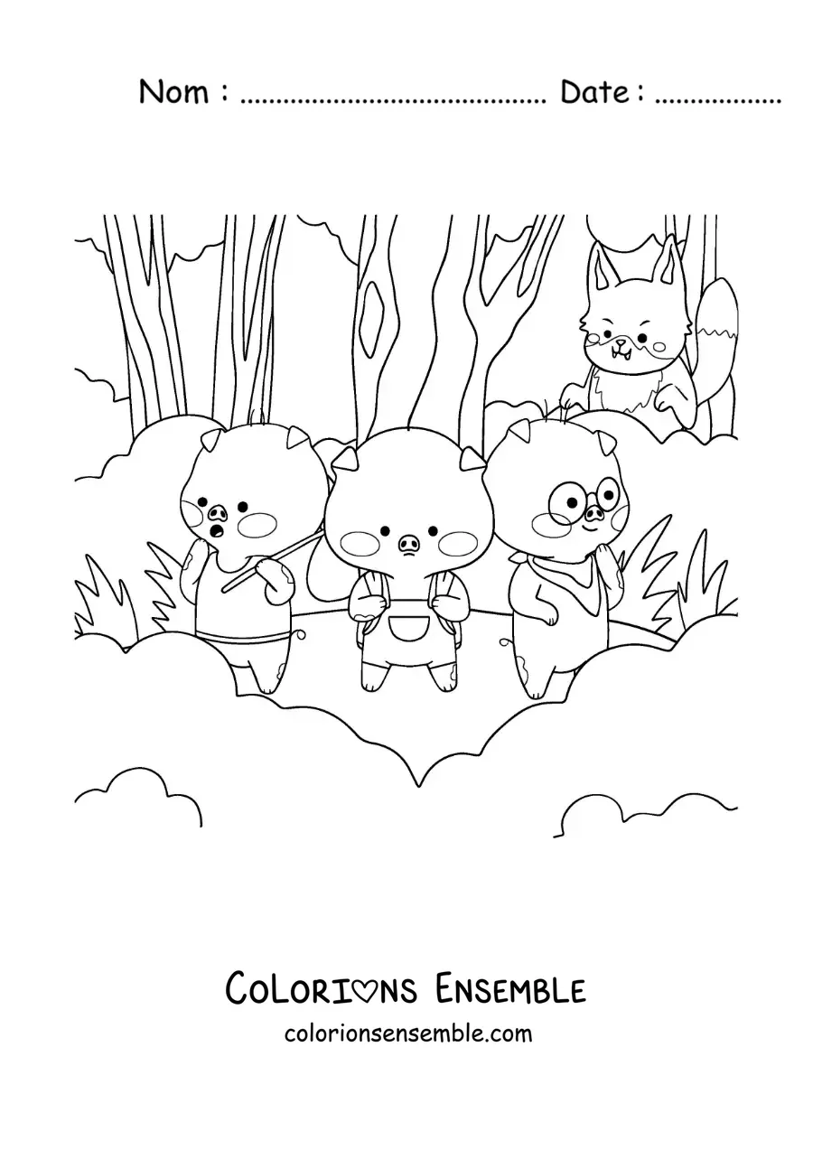 Image à colorier du grand méchant loup qui guette les trois petits cochons dans la forêt