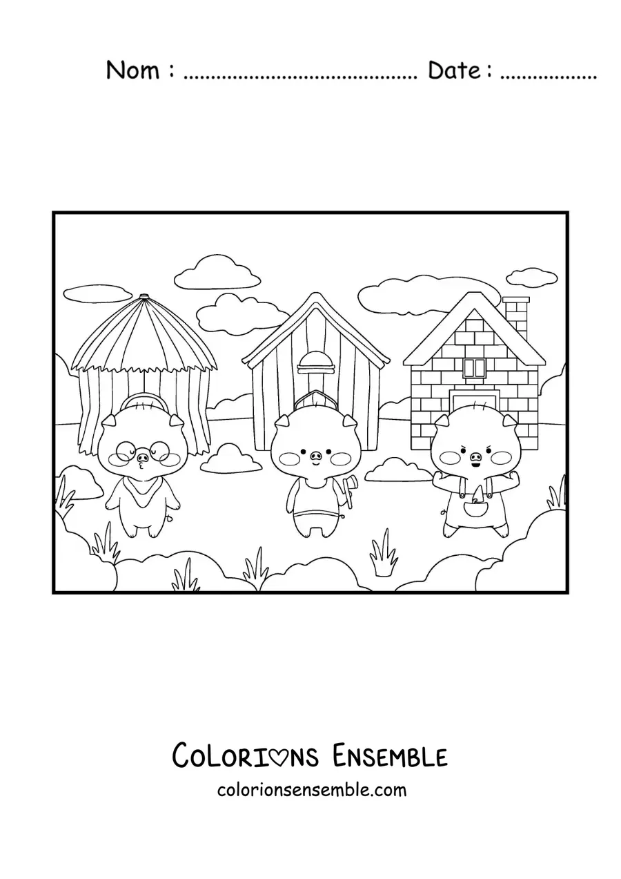Image à colorier des trois petits cochons en dessin animé et de leurs maisons