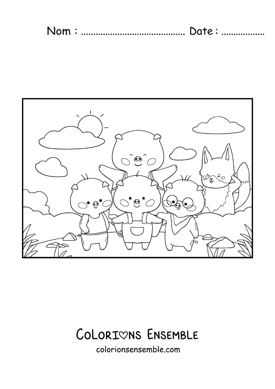Image à colorier de la famille des trois petits cochons et du loup
