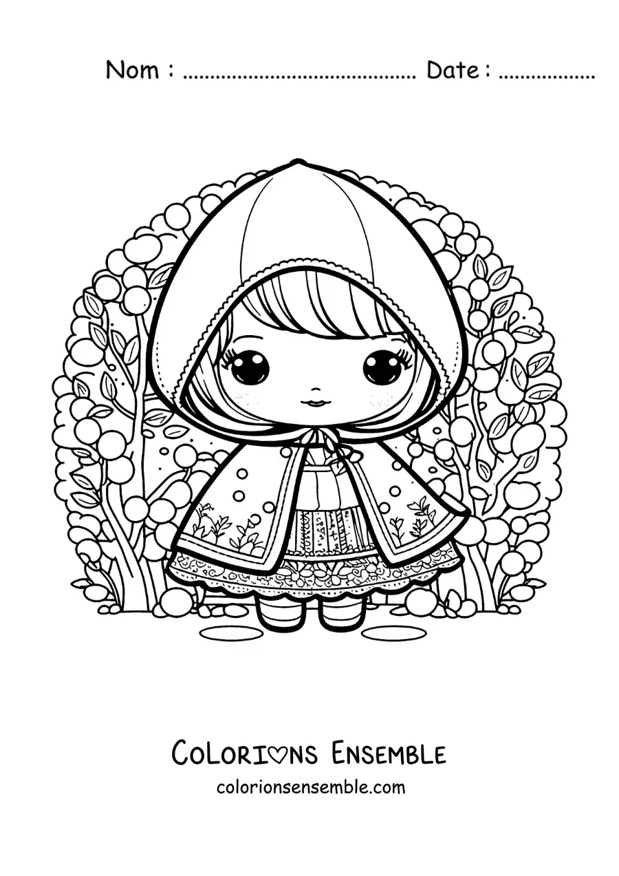 Image à colorier du Petit Chaperon rouge kawaii dans la forêt