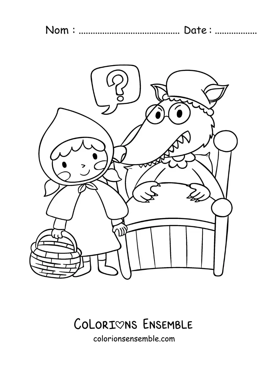 Image à colorier du Petit Chaperon rouge en dessin animé avec le loup déguisé en grand-mère