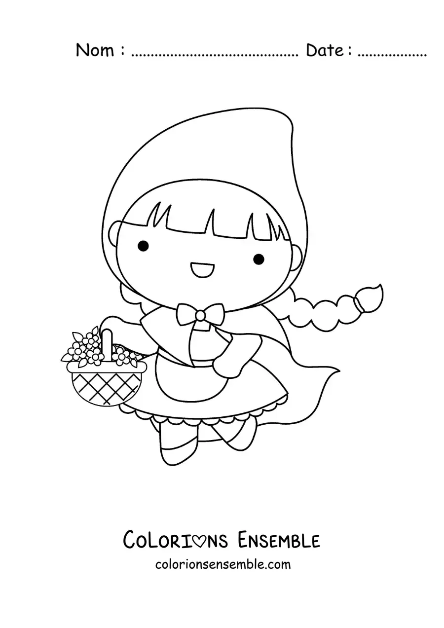 Image à colorier du Petit Chaperon rouge avec son panier de fleurs