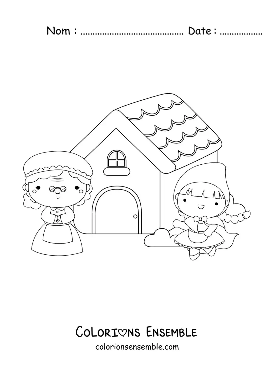 Image à colorier du Petit Chaperon rouge en dessin animé dans la maison de la grand-mère