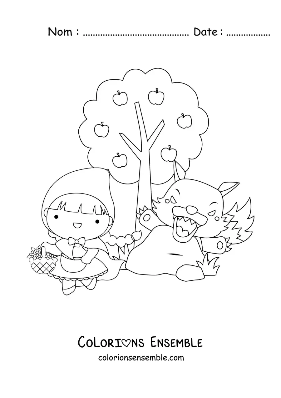 Image à colorier du Petit Chaperon rouge et du grand méchant loup dans la forêt