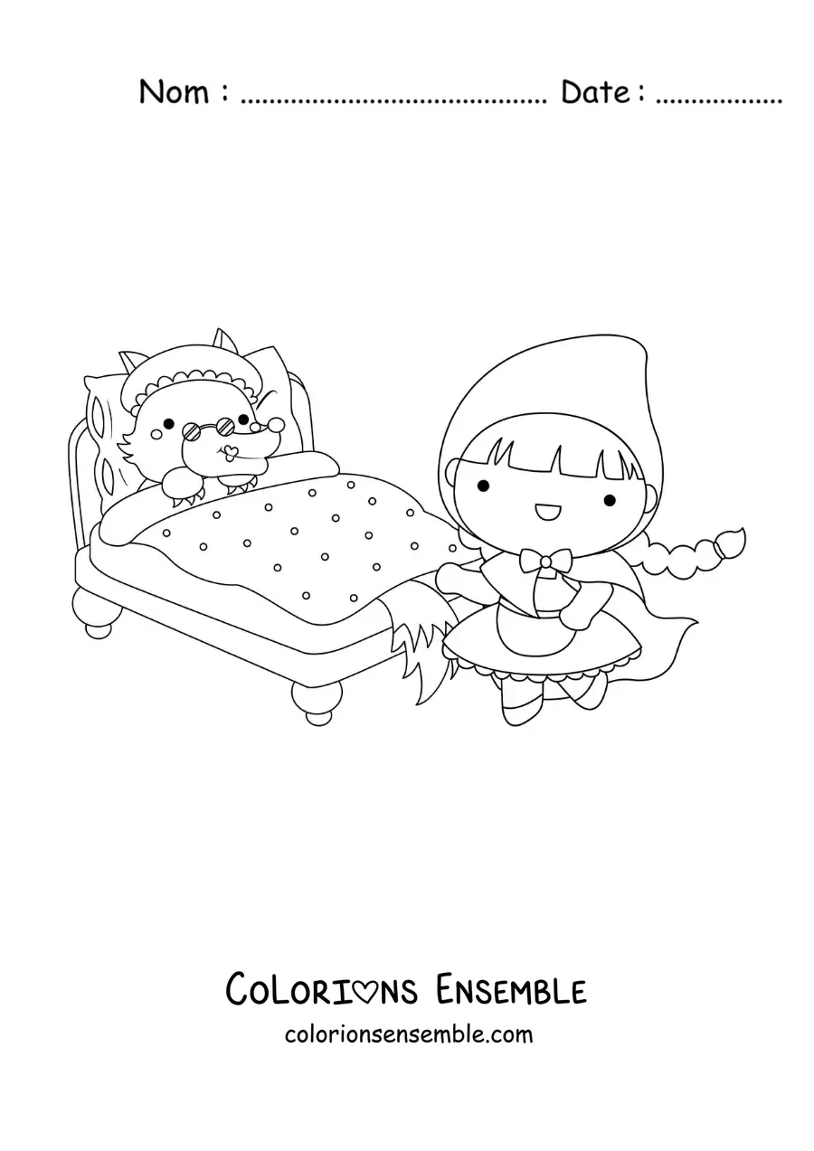 Image à colorier du Petit Chaperon rouge et du grand méchant loup déguisé en grand-mère