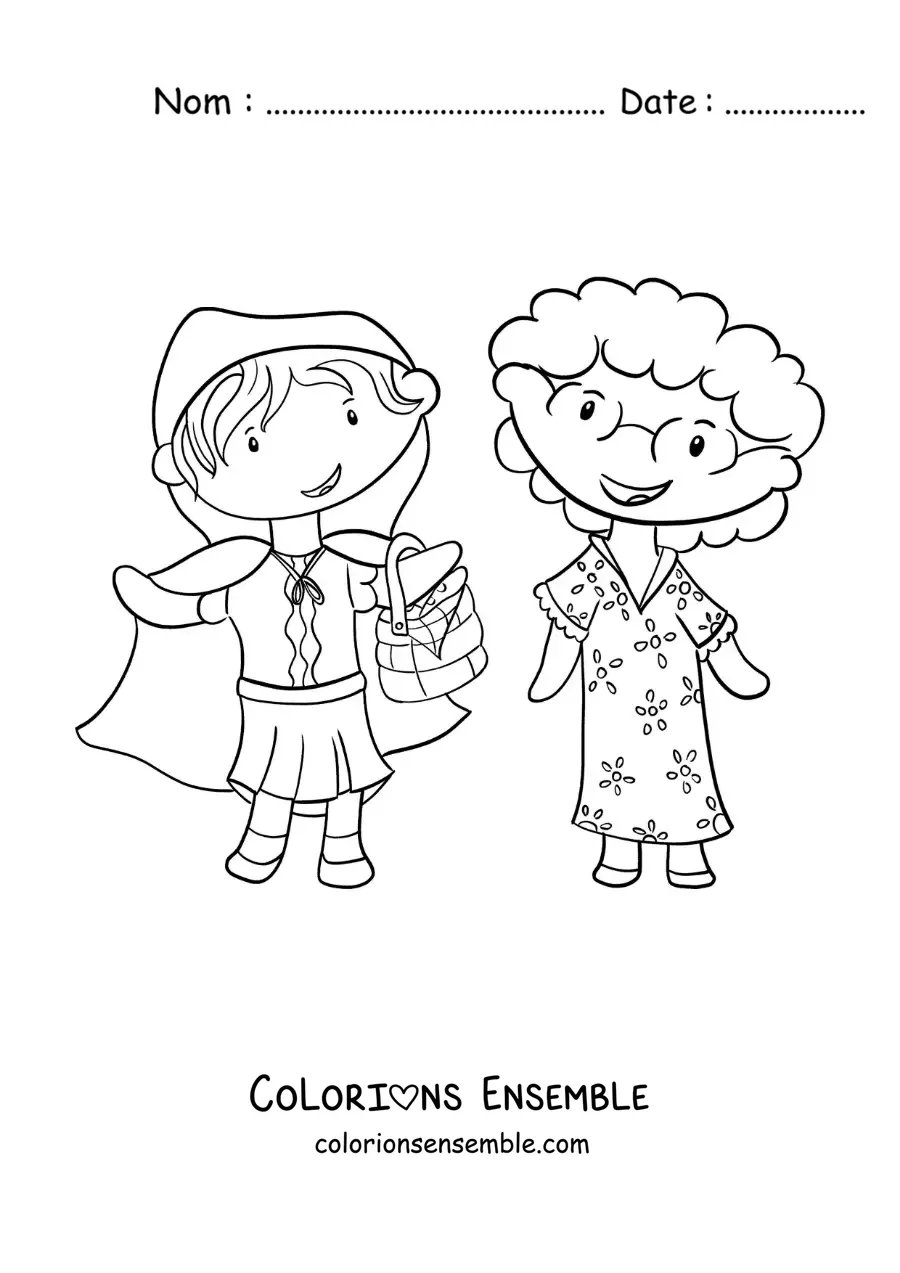 Image à colorier du Petit Chaperon rouge qui apporte des fleurs à sa grand-mère