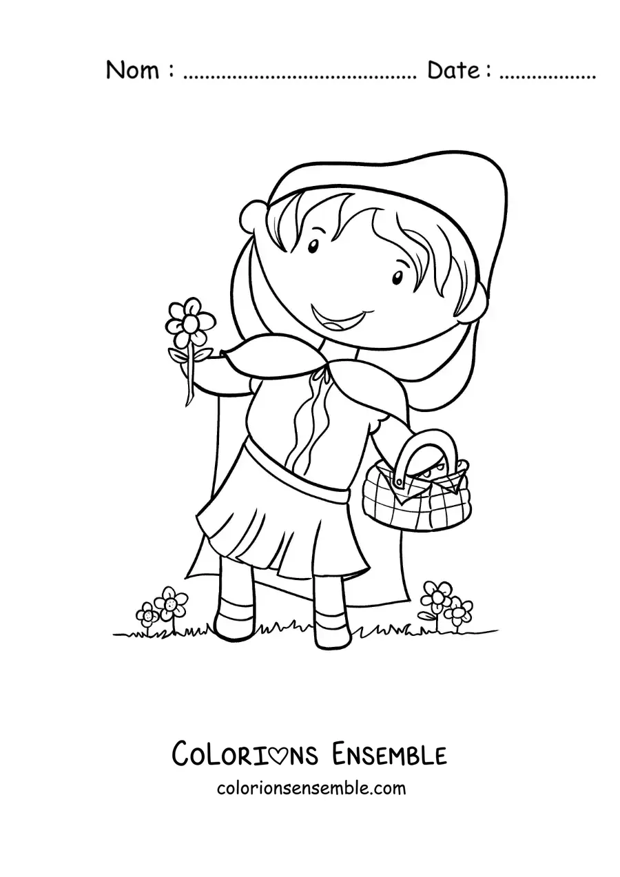 Image à colorier du Petit Chaperon rouge qui cueille des fleurs dans un panier