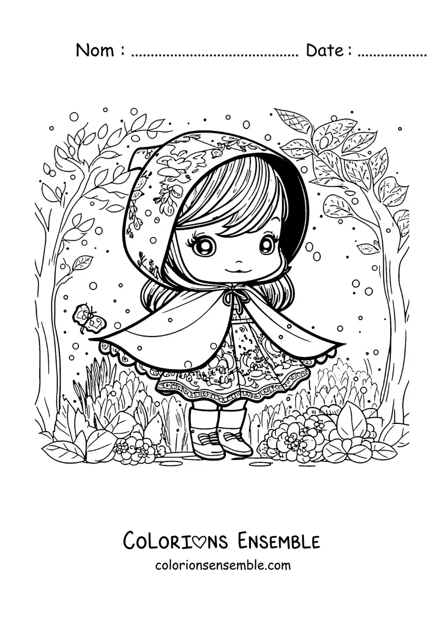 Image à colorier du Petit Chaperon rouge kawaii en dessin animé dans la forêt