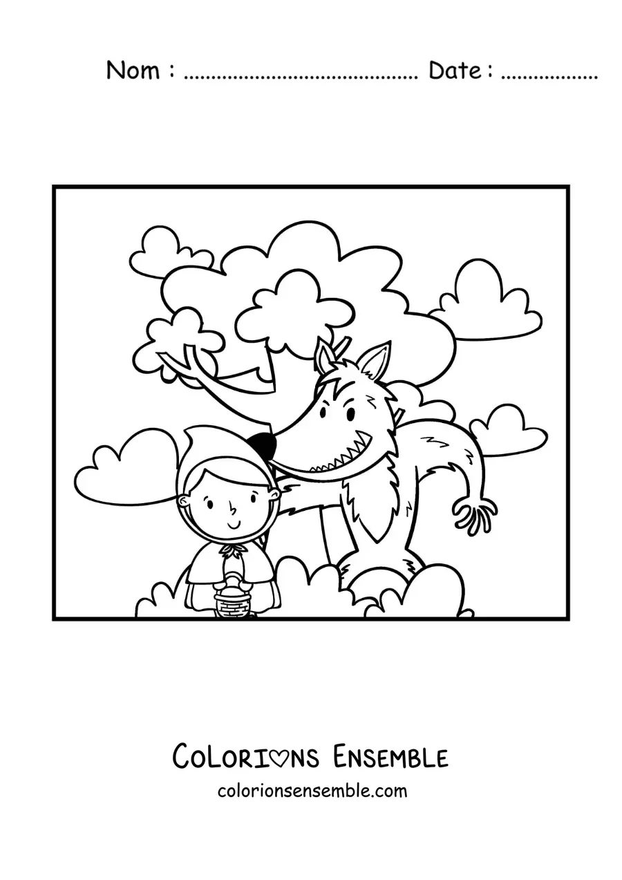 Image à colorier du Petit Chaperon rouge en dessin animé et du loup dans la forêt