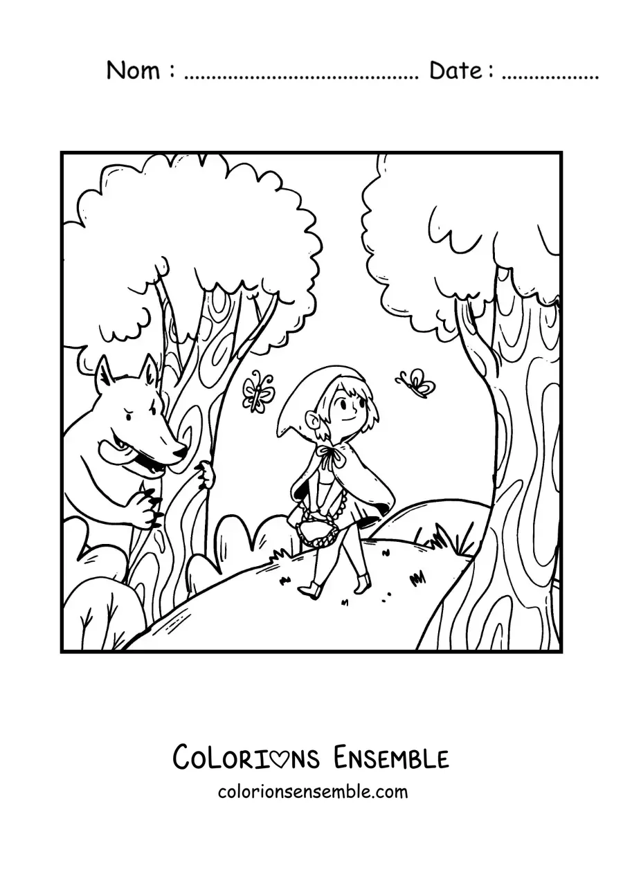 Image à colorier du grand méchant loup qui poursuit le Petit Chaperon rouge dans la forêt