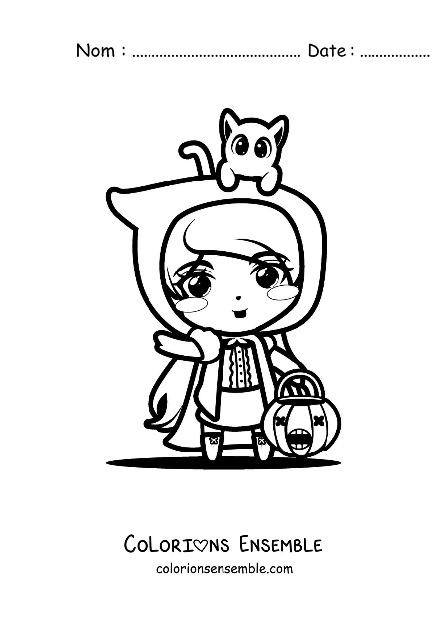 Image à colorier d'un costume de Petit Chaperon rouge kawaii d'Halloween