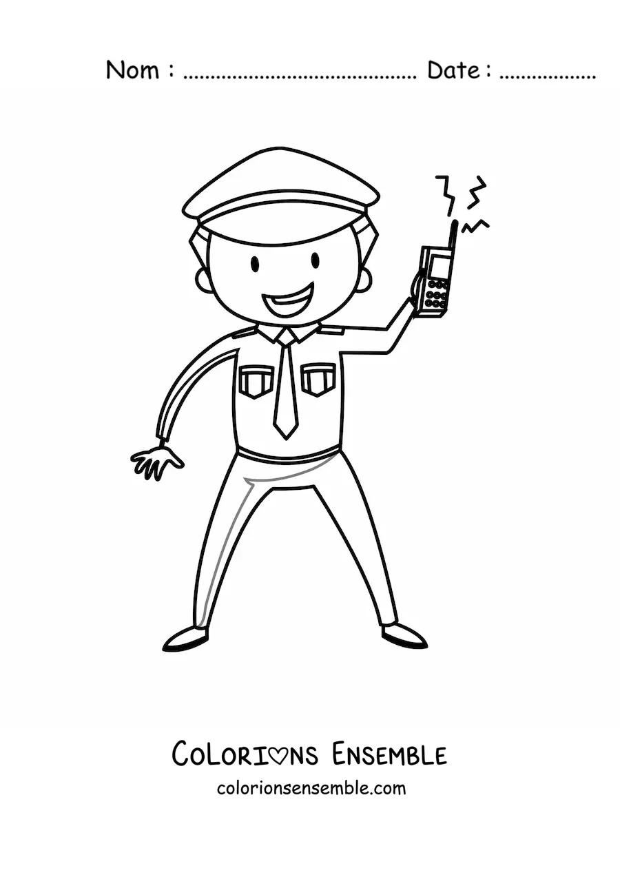 Image à colorier d’un policier tenant une radio