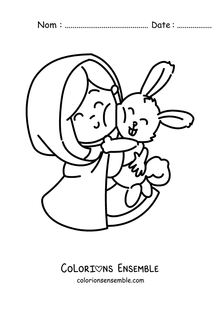 Image à colorier du Petit Chaperon rouge en dessin animé avec un lapin