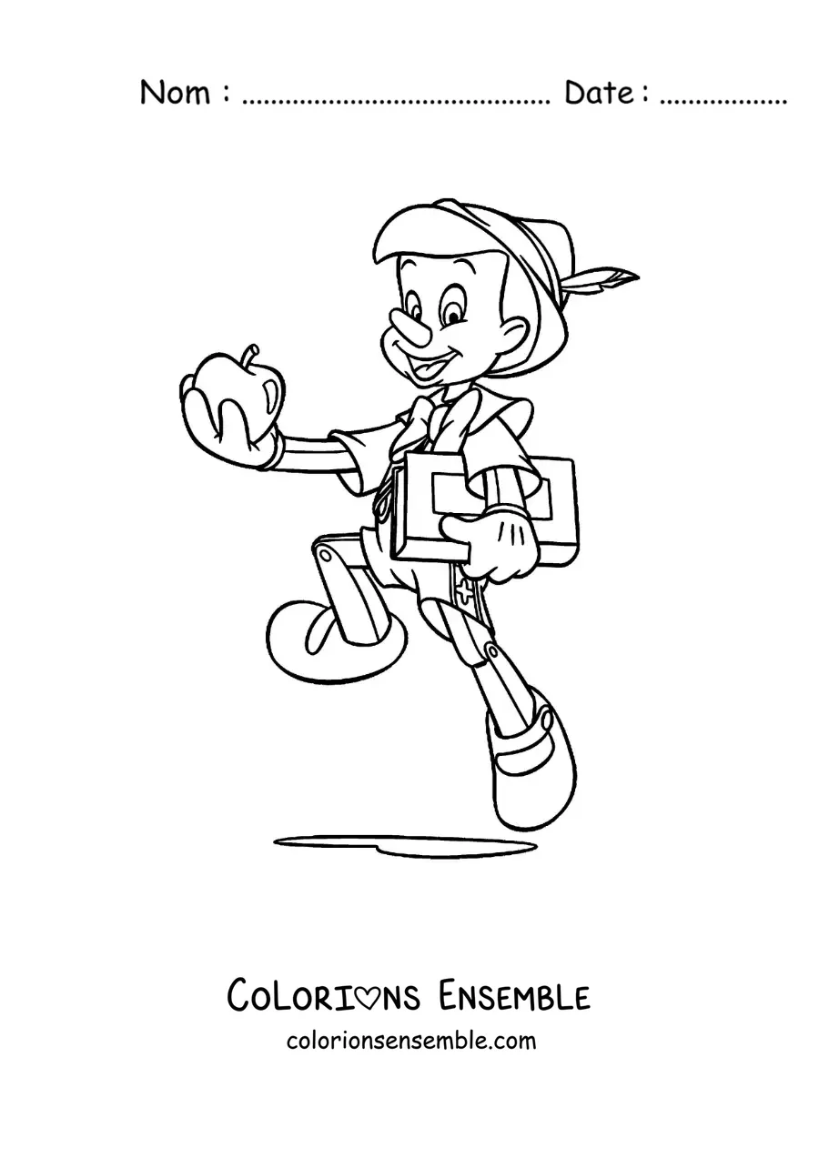Image à colorier de Pinocchio avec un livre et une pomme