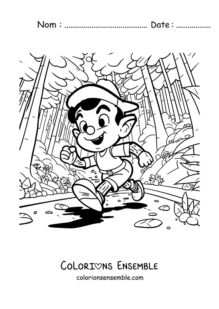 Image à colorier de Pinocchio dans la forêt