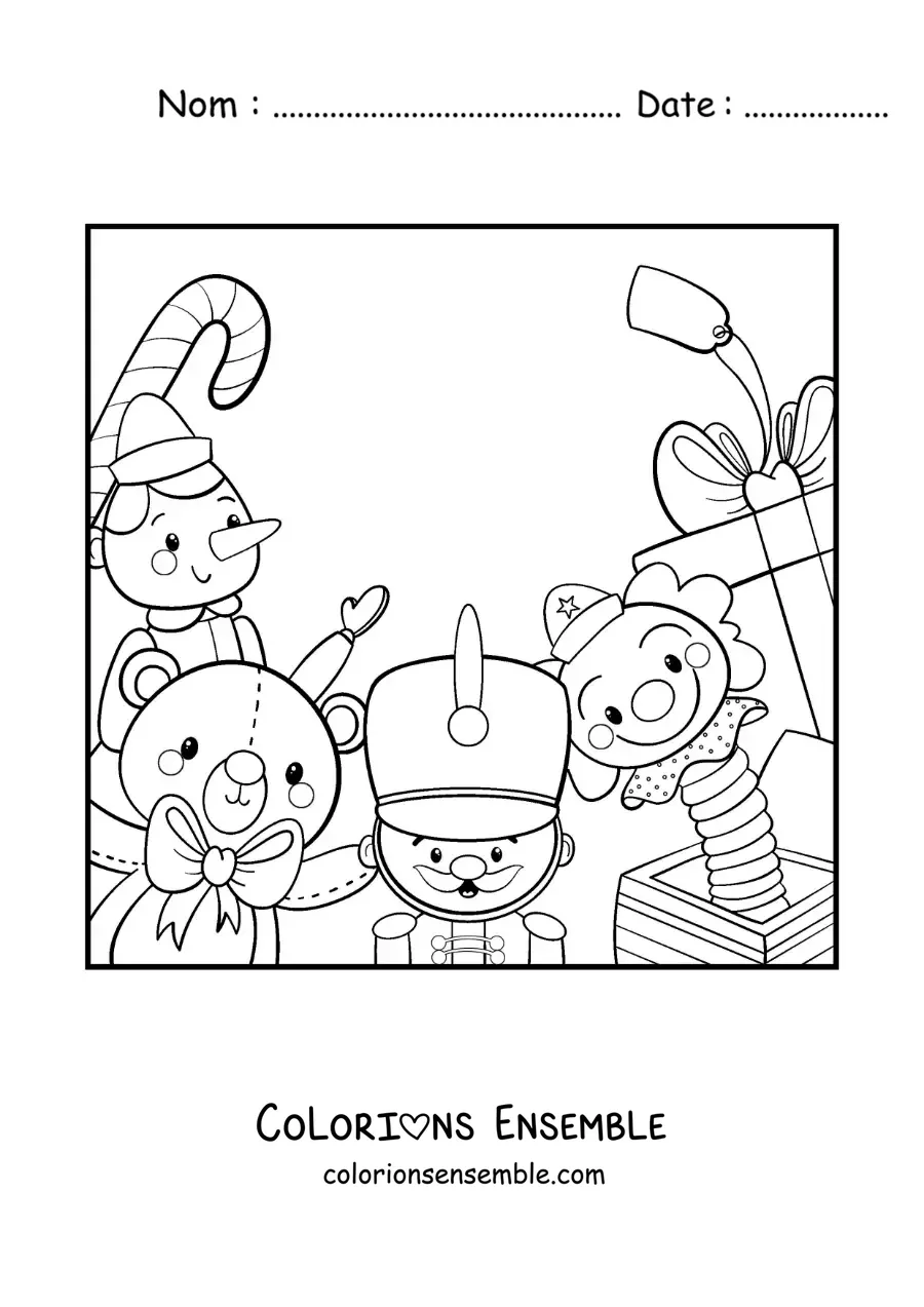 Image à colorier de Pinocchio et de jouets de Noël