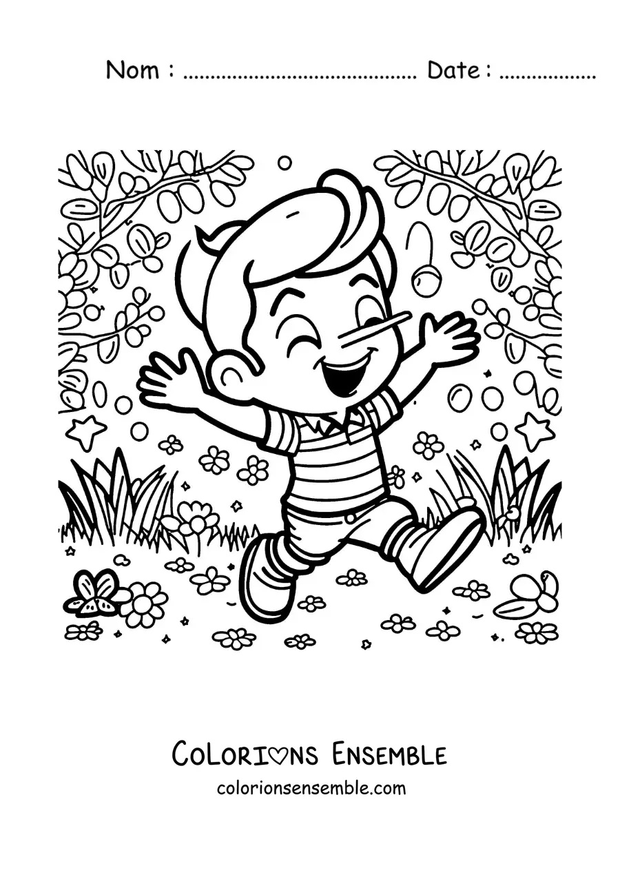 Image à colorier de Pinocchio en dessin animé dans la forêt