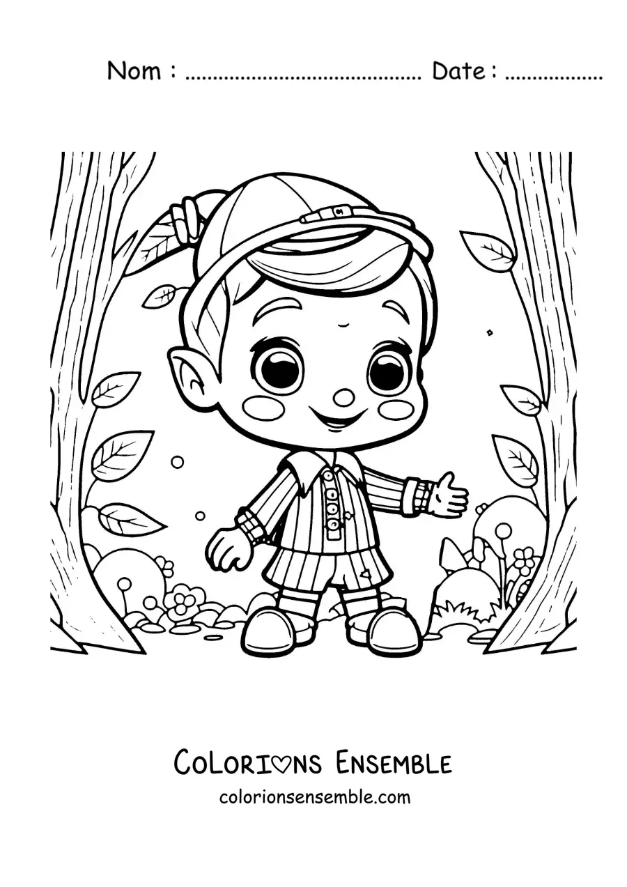 Image à colorier de Pinocchio kawaii dans la forêt