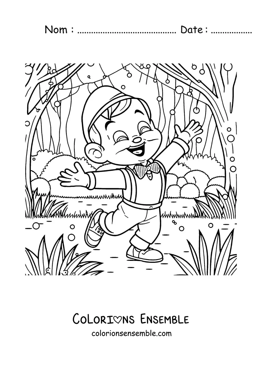 Image à colorier de Pinocchio joyeux dans la forêt
