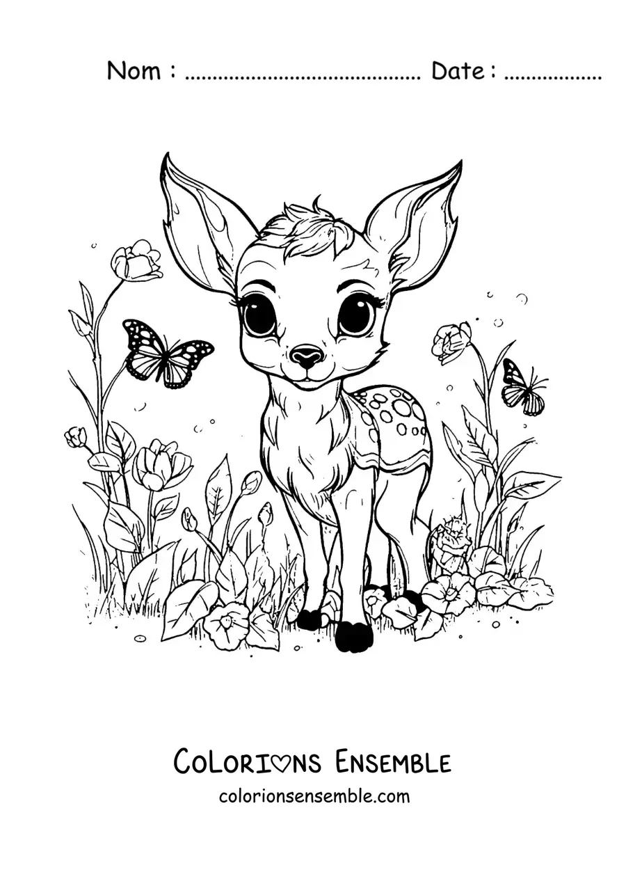 Image à colorier de Bambi kawaii avec des papillons