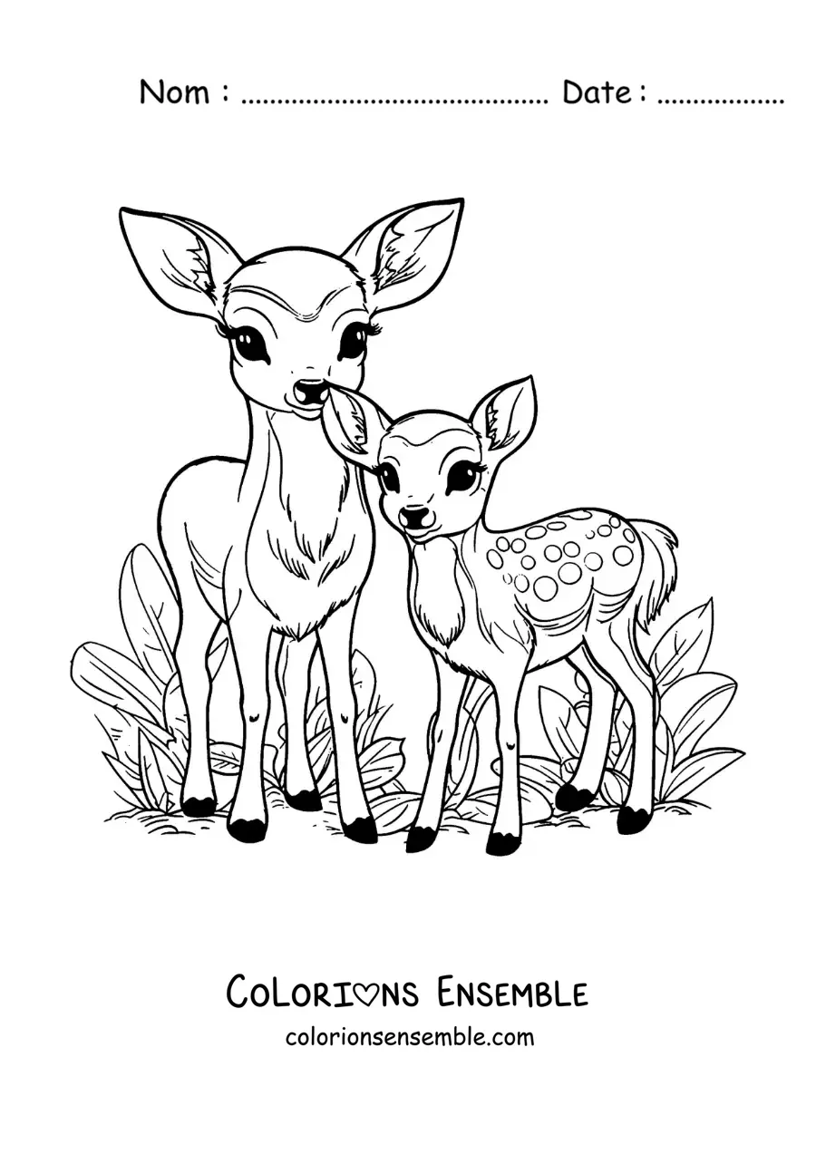 Image à colorier de Bambi kawaii avec sa maman