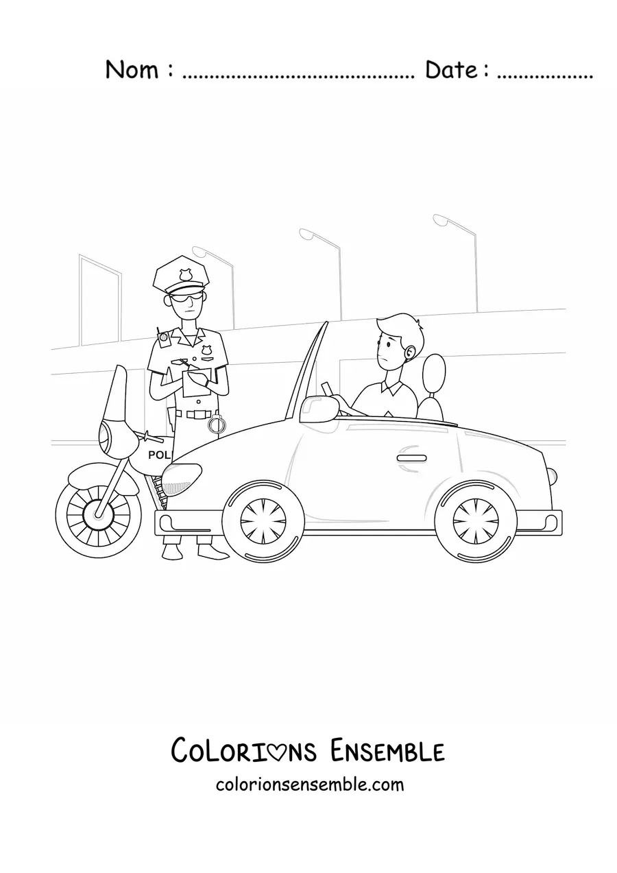 Image à colorier d’un policier de la circulation verbalisant un conducteur
