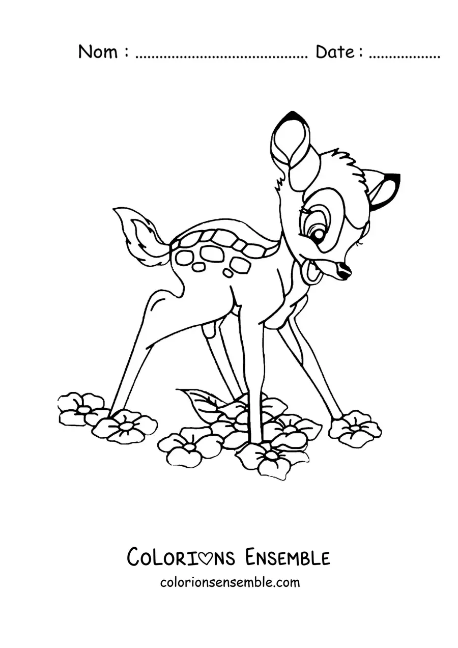 Image à colorier de Bambi en dessin animé qui apprend à marcher parmi les fleurs