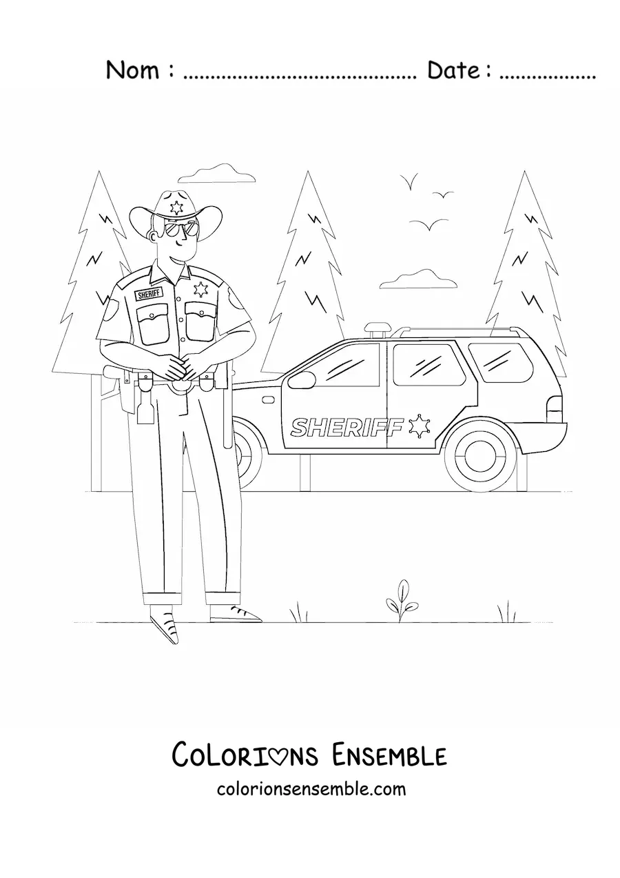 Image à colorier d’un shérif à côté d’une voiture de patrouille