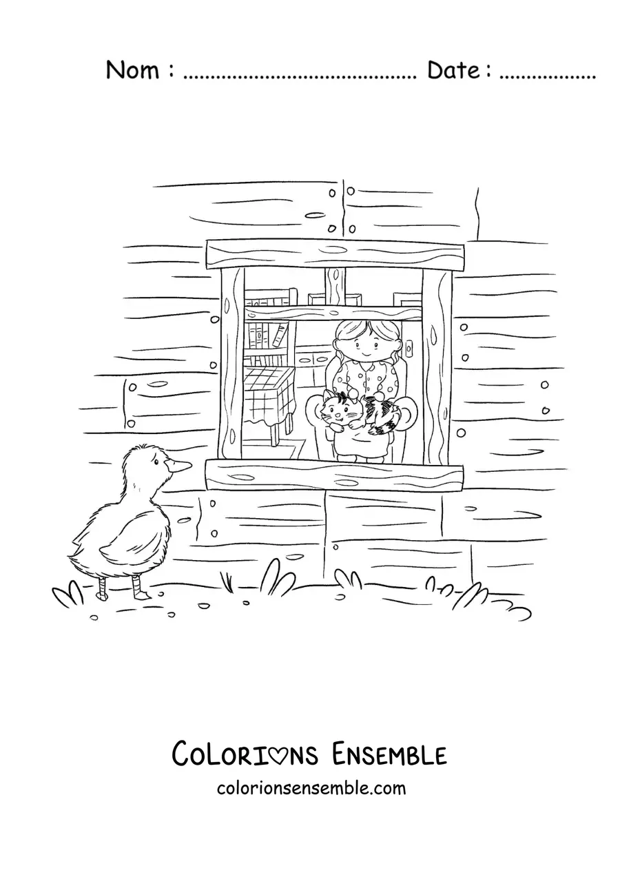 Image à colorier du Vilain Petit Canard qui regarde à travers la fenêtre