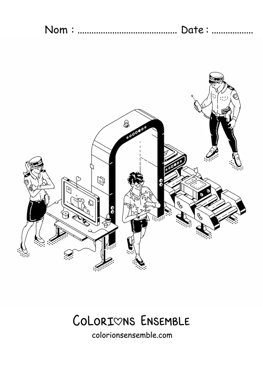 Image à colorier de deux agents de sécurité à l’aéroport