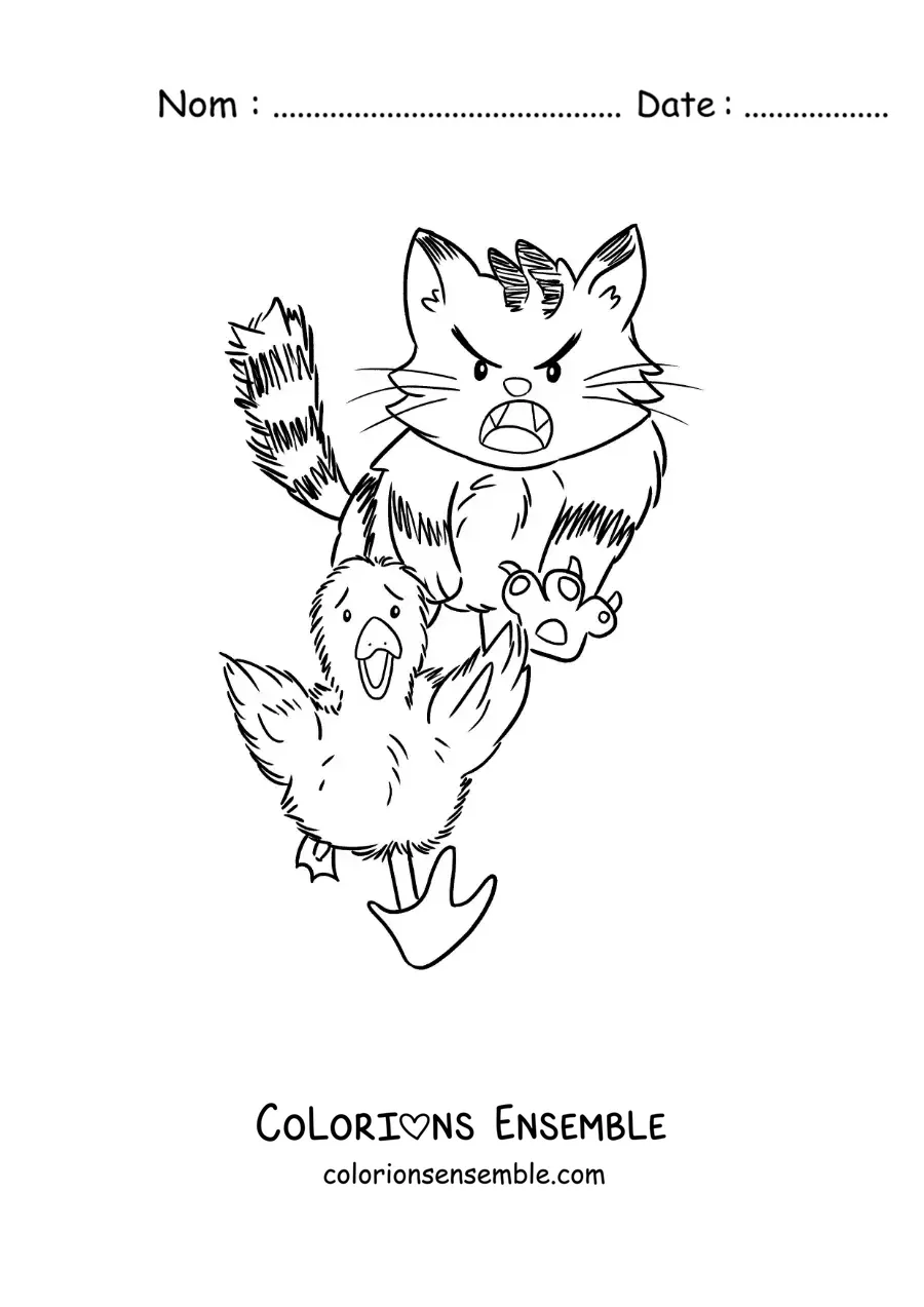 Image à colorier du Vilain Petit Canard en dessin animé qui fuit un chat