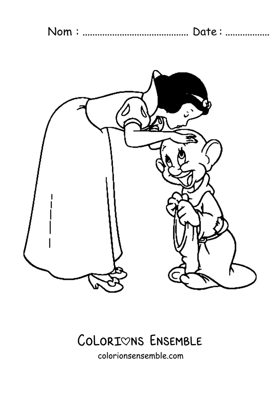 Image à colorier de Blanche-Neige qui embrasse l'un des nains