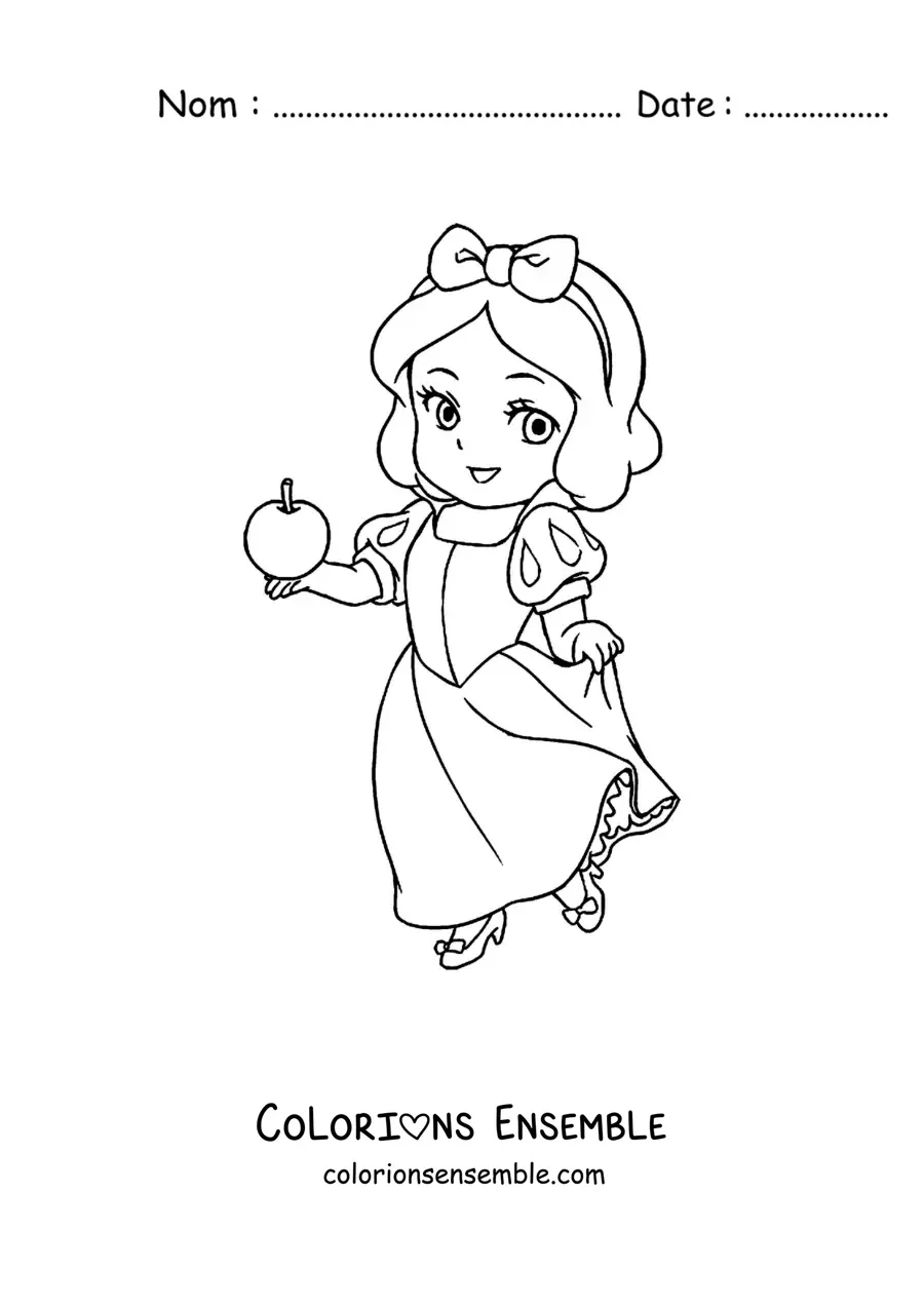 Image à colorier de Blanche-Neige kawaii avec une pomme