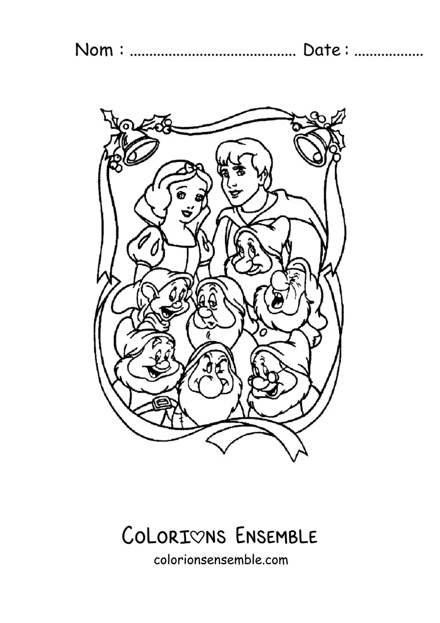 Image à colorier de Blanche-Neige avec le prince et les sept nains
