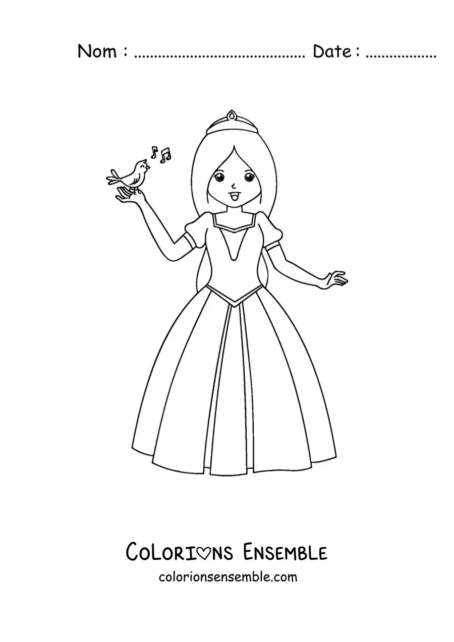 Image à colorier de Blanche-Neige avec un oiseau qui chante